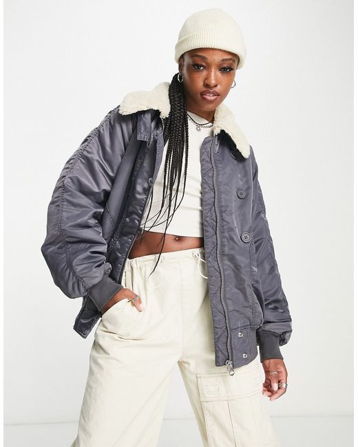 Weekday Gaus oversized padded bomber jacket with borg collar in washed
