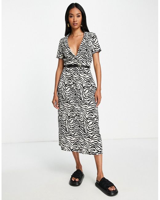 Asos Design short sleeve midi wrap dress with belt in mono zebra print-
