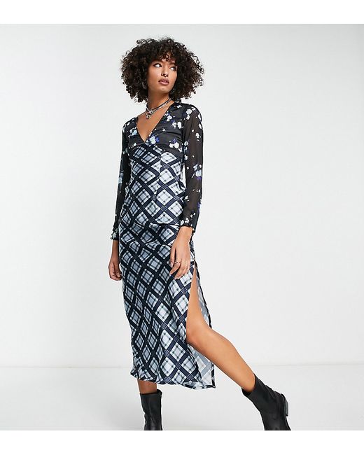 Reclaimed Vintage contrast plaid and floral long sleeve midi dress in