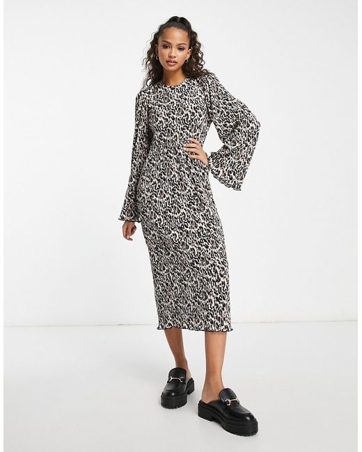 Monki long sleeve smock midi dress in leopard print-