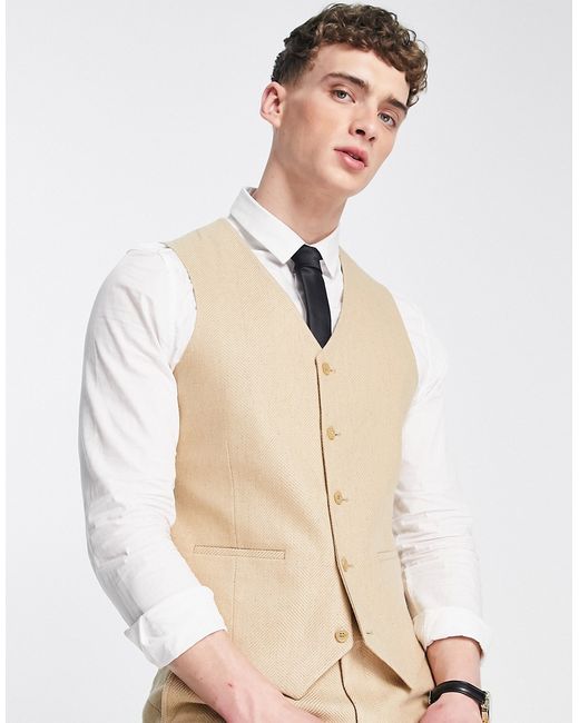 Asos Design wedding skinny wool mix suit vest in stone herringbone-