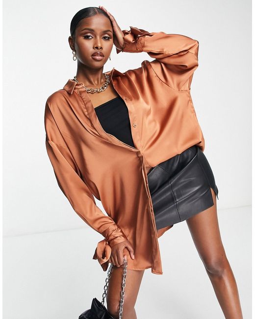 Asos Design oversized satin shirt with tie cuff detail in soft