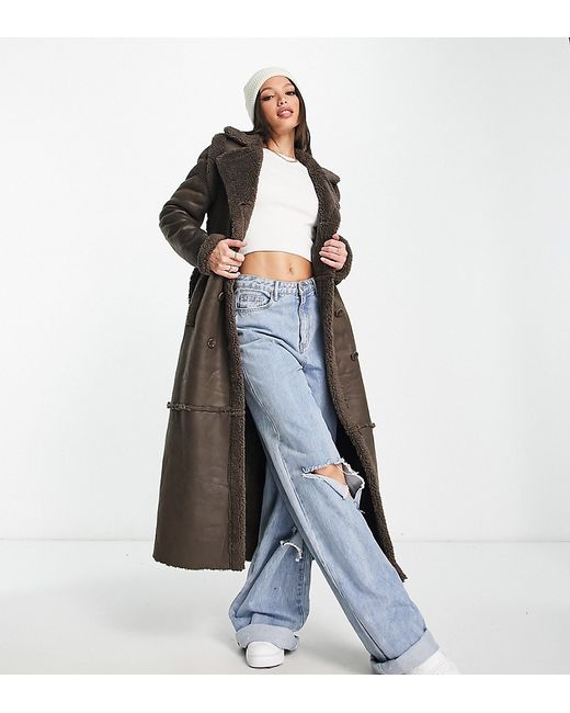 QED London Tall suedette belted longline coat with borg trims in chocolate