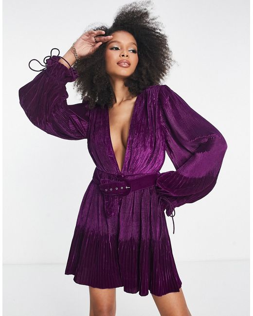 Asos Design velvet belted mini dress with kimono sleeve in purple-