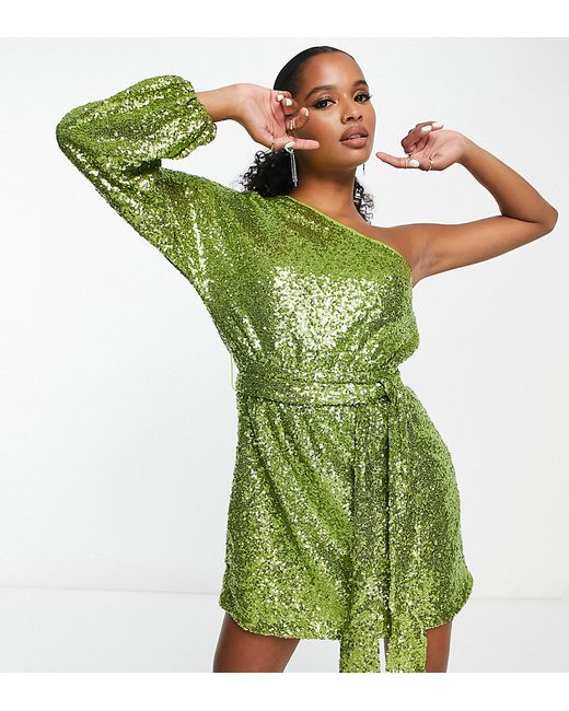 Collective The Label Petite exclusive one sleeve tie waist sequin mini dress in lime-