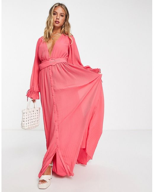 Asos Design pleated blouson sleeve maxi dress with belt detail in