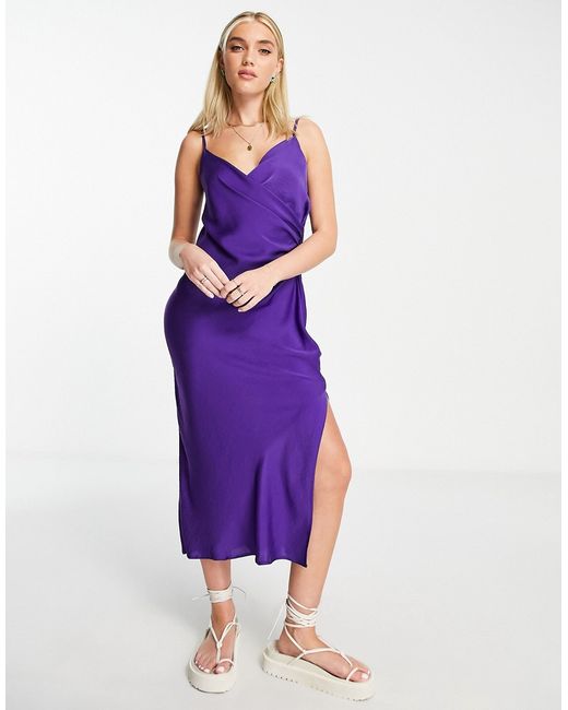 New Look satin strappy wrap front midi dress in