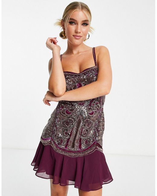 Asos Design cami mini dress with artwork embellishment and ruffle hem in plum-