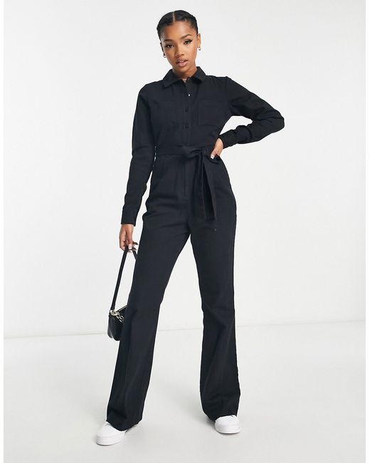 Asos Design long sleeve twill jumpsuit with collar in