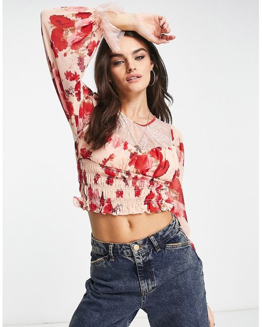 Free People Daphne abstract floral blouse with ruching in