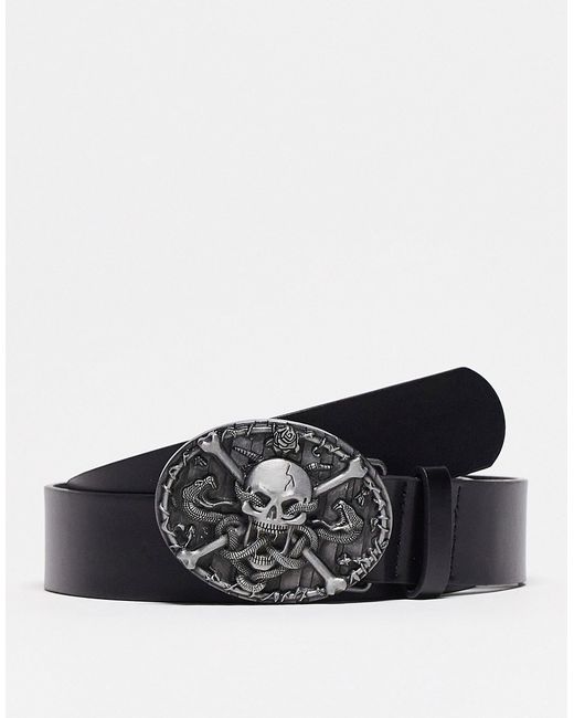 Asos Design faux leather belt with gunmetal skull buckle in
