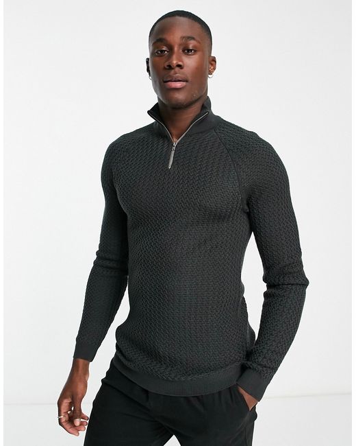 Asos Design muscle fit textured knit half zip sweater in charcoal