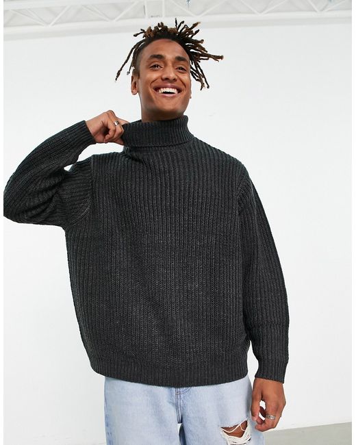 Asos Design oversized fisherman rib roll neck sweater in charcoal-