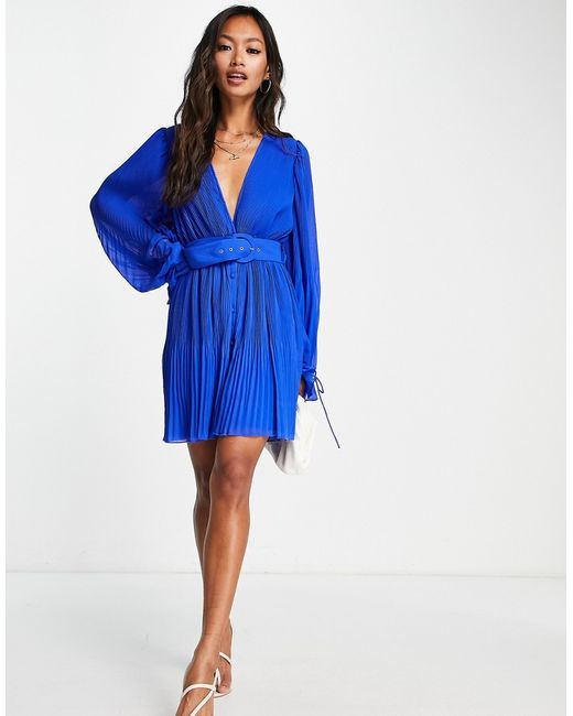 Asos Design pleated blouson sleeve mini dress with belt detail in cobalt-