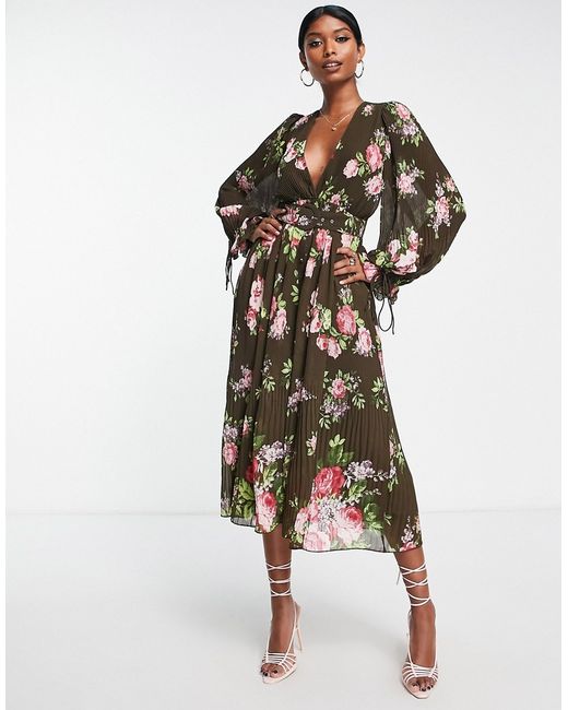 Asos Design pleated blouson sleeve midi dress with belt detail in floral print-