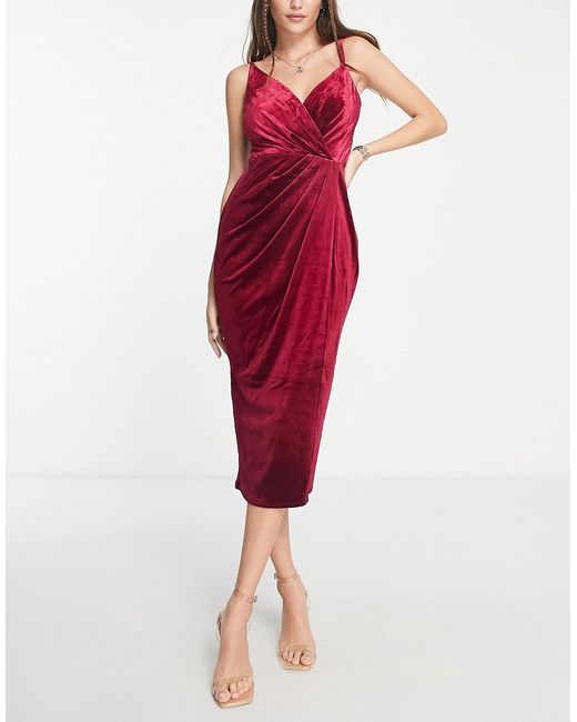 Little Mistress wrap front velvet cami midi dress in ruby-
