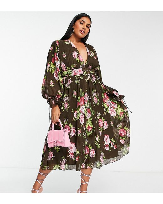 Asos Design Curve pleated blouson sleeve midi dress with belt detail in floral print-