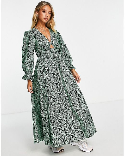 Asos Design cotton midi smock dress in green zebra-