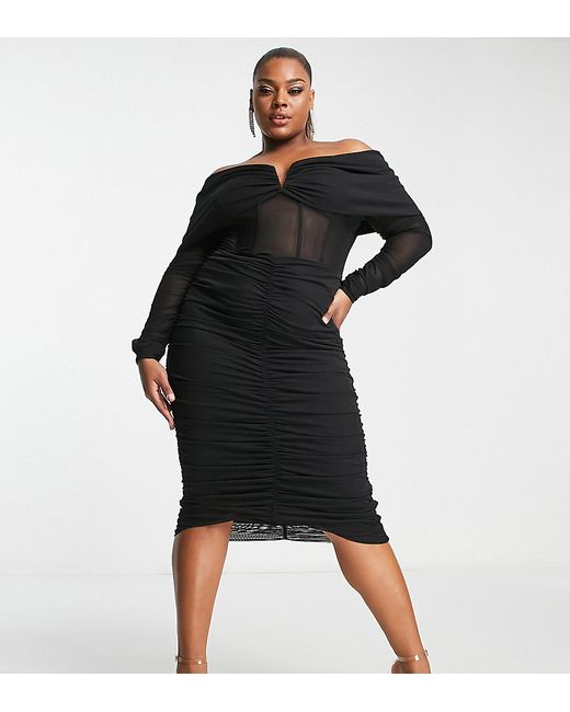 ASOS Luxe Curve bardot draped sleeve corseted ruched midi dress in