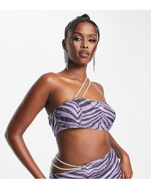 AsYou ICONICS sequin chain detail crop top in purple zebra print part of a set-