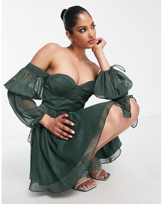 Asos Design corseted off-the-shoulder flippy dress with blouson sleeves in sage