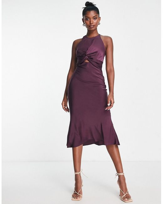 Asos Design knot front satin midi dress with tie back detail in wine-