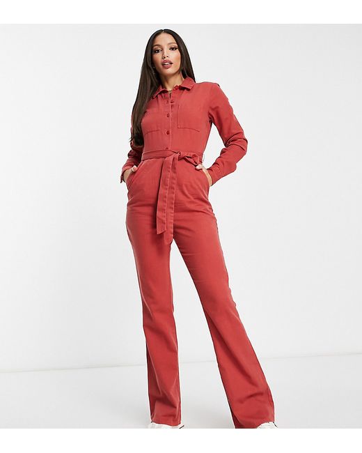 ASOS Tall DESIGN Tall long sleeve twill boilersuit with collar in rust-