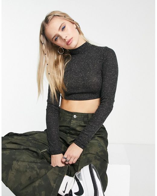 Noisy May ribbed high neck crop top in dark heather