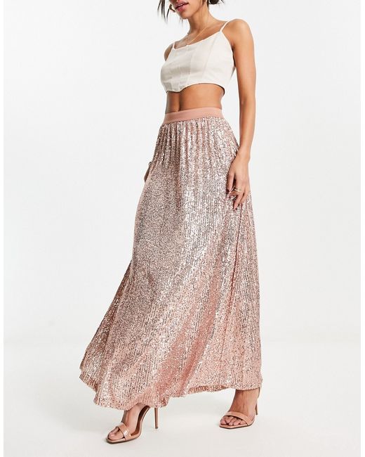 Asos Design sequin pleated midi skirt in rose gold-