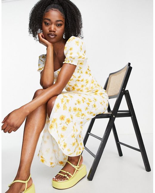 Ever New puff sleeve square neck midi dress in buttercup floral-