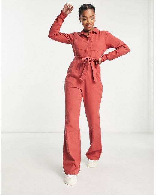 Asos Design long sleeve twill boilersuit with collar in rust-