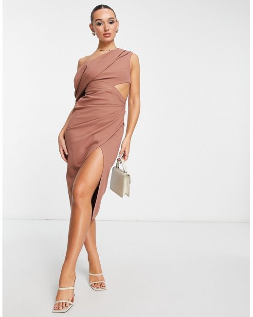Asos Design draped one shoulder cut-out midi dress in rose-
