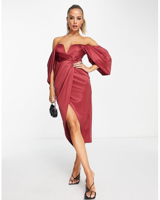 Asos Design draped sleeve bardot satin midi dress in red-