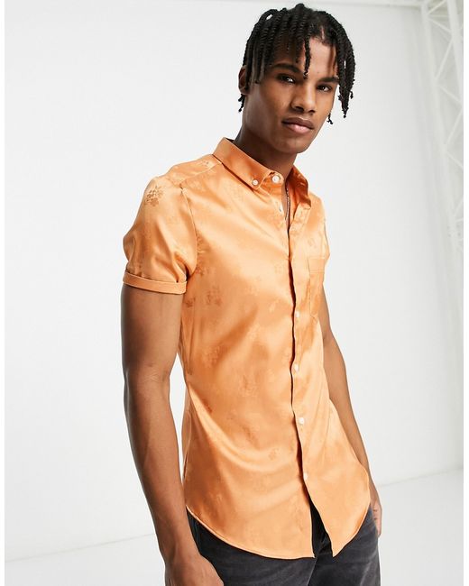 Asos Design skinny satin shirt in peach floral jacquard-