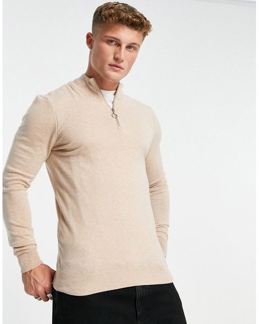New Look slim fit zip funnel neck knitted sweater in oatmeal-