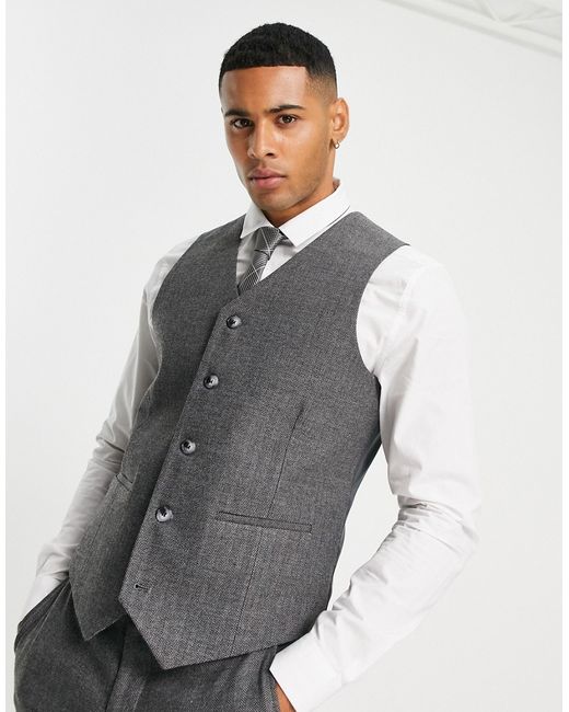Asos Design wedding skinny wool mix suit vest in charcoal herringbone-