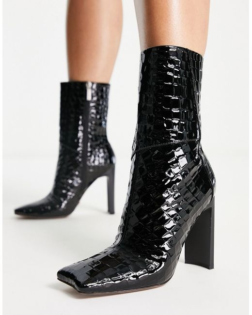Asos Design Elude square toe high-heeled boots in croc