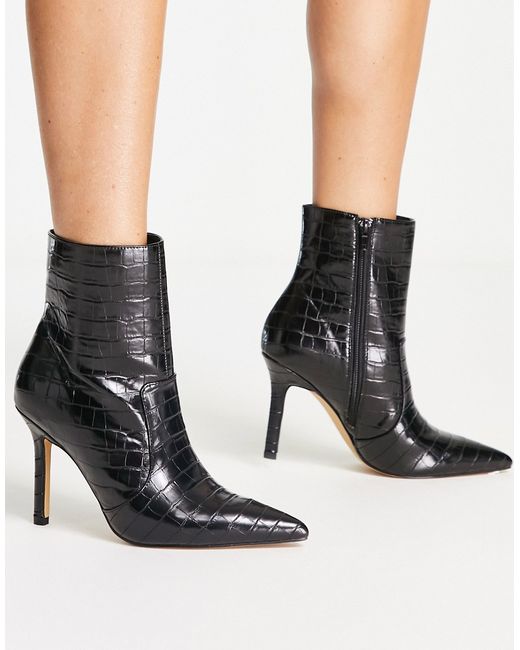 London Rebel pointed stiletto ankle boots in croc