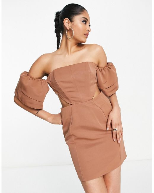 Asos Design off shoulder mini dress with sleeve detail and cut out waist in stone-