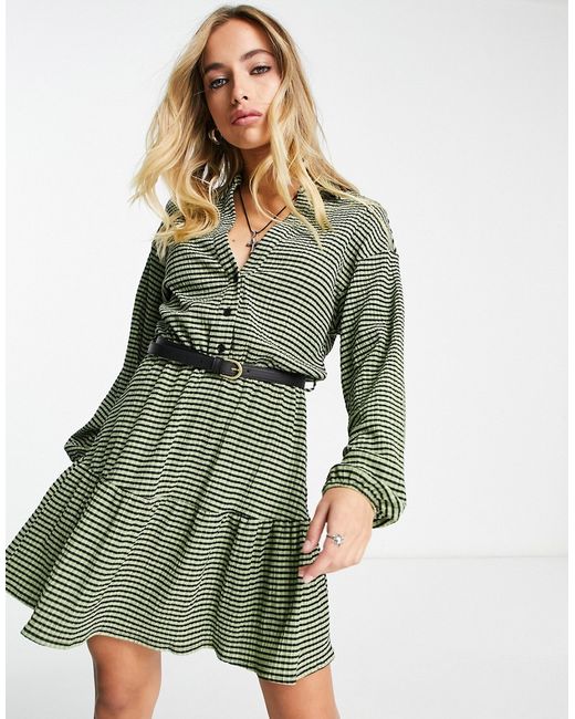 Asos Design textured long sleeve tiered mini dress with belt in green check-