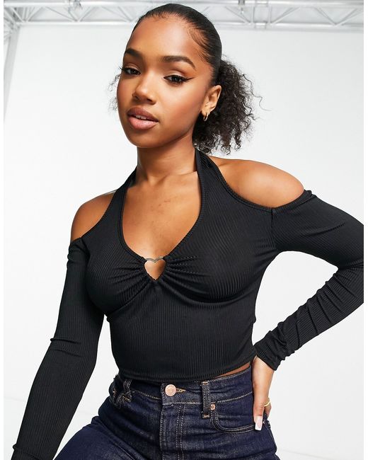 New Look long sleeve cut out halter neck top in