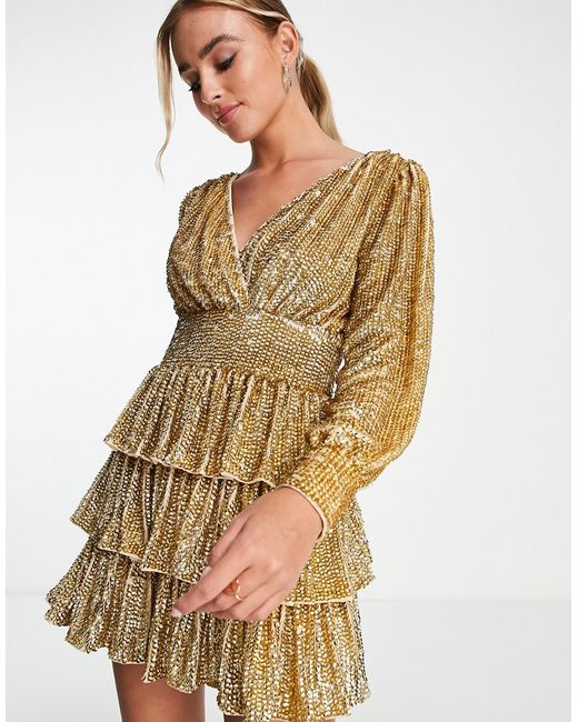 Miss Selfridge embellished sequin tiered mini dress with long sleeve in