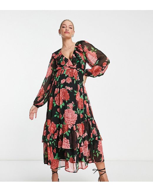 ASOS Maternity DESIGN Maternity tiered maxi dress with ruffles in red floral print-