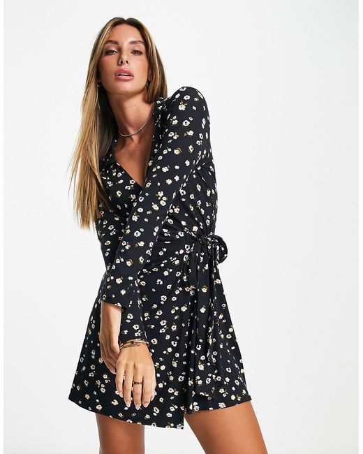 Asos Design long sleeve collared wrap dress in black floral ditsy print-
