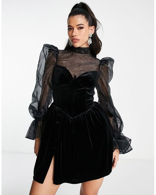 ASOS Luxe high neck corsetted velvet mini dress with sheer sleeves in