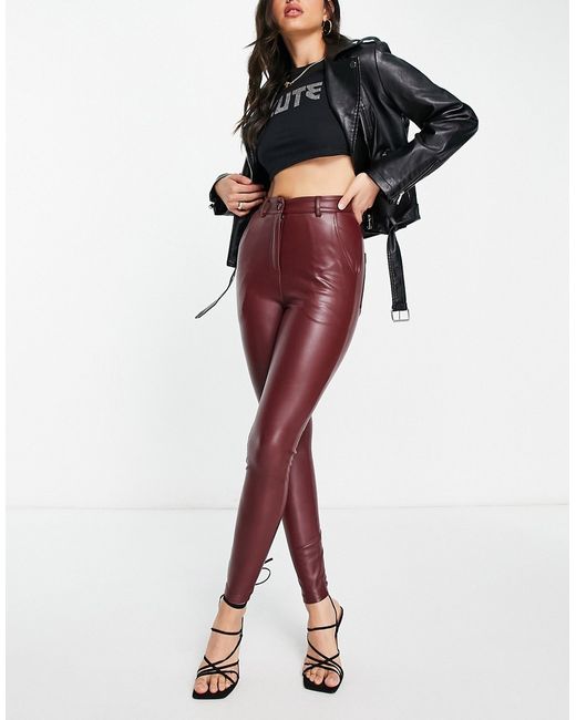 Miss Selfridge faux leather button fly leggings in burgundy-