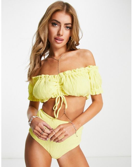 Asos Design Fuller Bust milkmaid bikini top in texture lemon