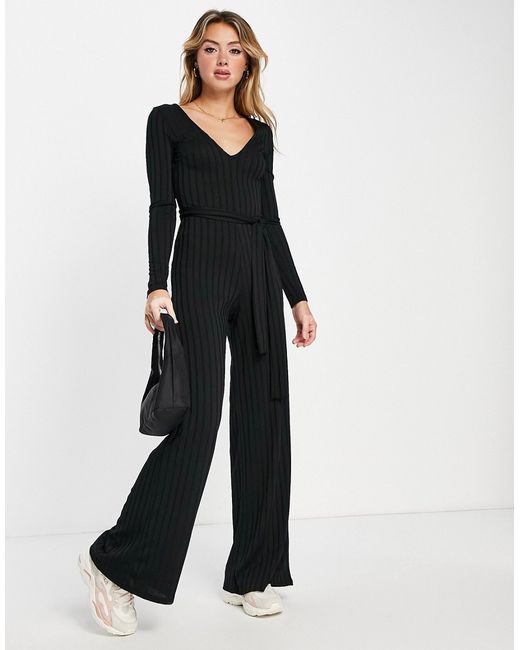Asos Design jersey ribbed wide leg jumpsuit in