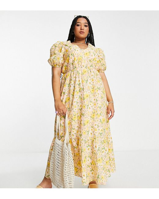 Simply Be puff sleeve midi dress in yellow floral-