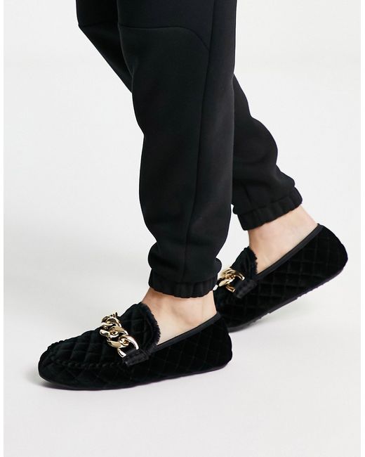Asos Design moccasin slippers in quilted velvet with gold hardware